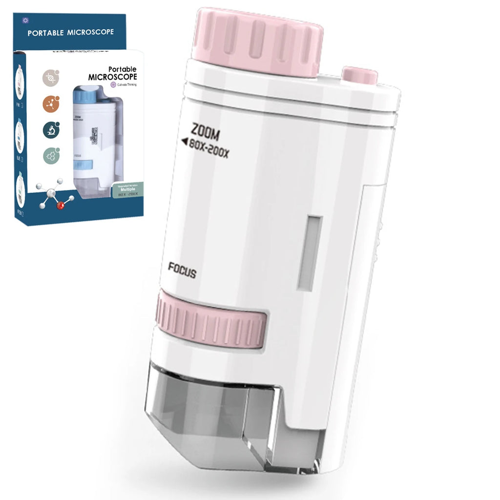 Kids Science Microscop 60-200x Pocket Microscope Porta Electric Mini Handheld Microscope Outdoor Educational Child Interest Toy Zpaxo Pink