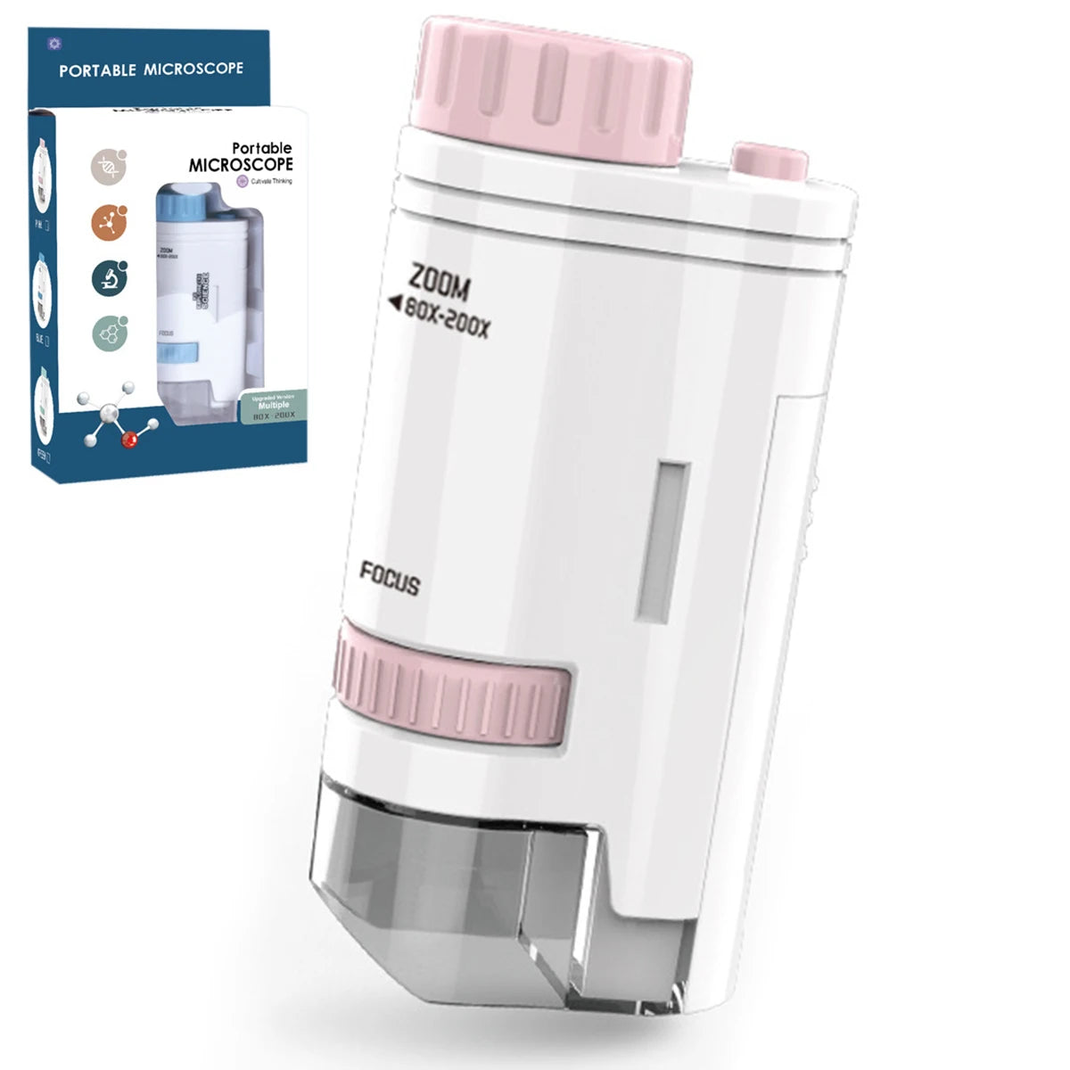 Kids Science Microscop 60-200x Pocket Microscope Porta Electric Mini Handheld Microscope Outdoor Educational Child Interest Toy Zpaxo Pink