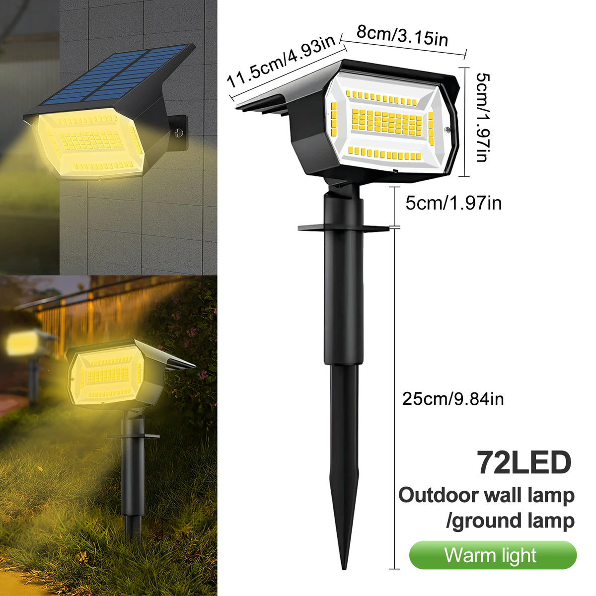 Outdoor 72 LED Solar Spotlight Waterproof 3 Modes Solar Garden Landscape Light Wall Lamp Yard Lawn Pathway Walkway Decor Zpaxo 72LED Warm White 1PC