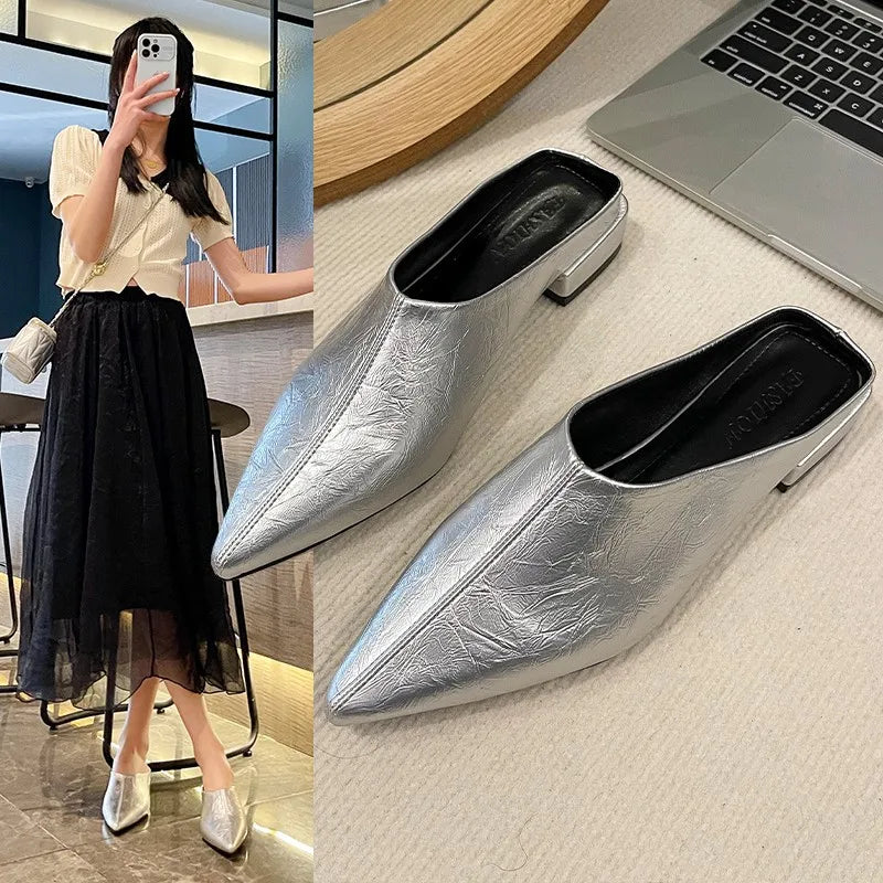 Heels Simple Women's Baotou Half Slippers Pointed Summer Dress Slide