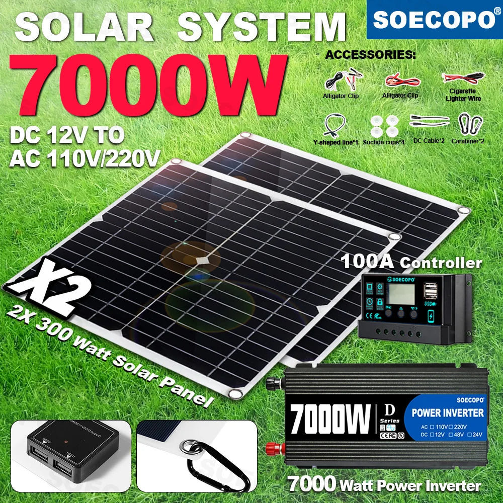 7000W Portable Solar Power 600W High-efficiency Panel 100A Controller