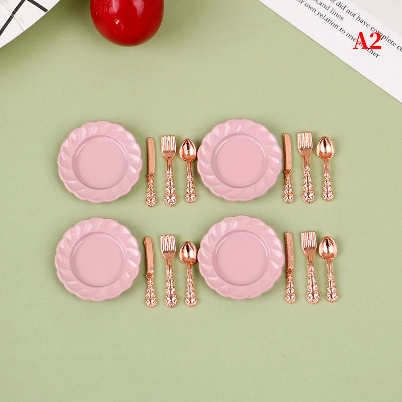 ▶1:12 Dollhouse Decor Toy with Utensils (Knife Fork Spoon Plate Set )-Kitchen Furniture Scene Model & Miniature Decorative Gift Zpaxo A2