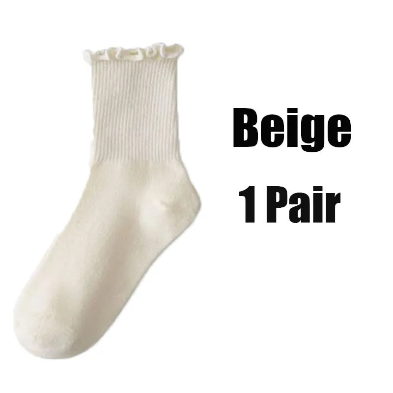 1 3pairs Ruffle Socks Women Mid Crew Middles Tube Ankle Breathable Zpaxo beige-1pair