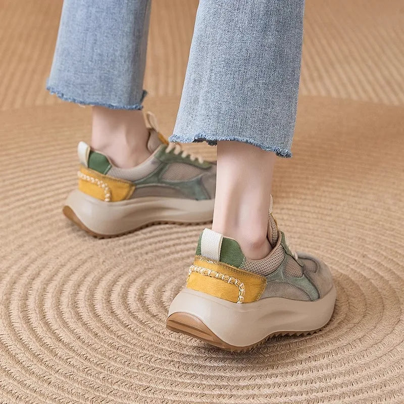 Green Beige Patchwork Chunky Sneakers Women Breathable Mesh Suede Zpaxo