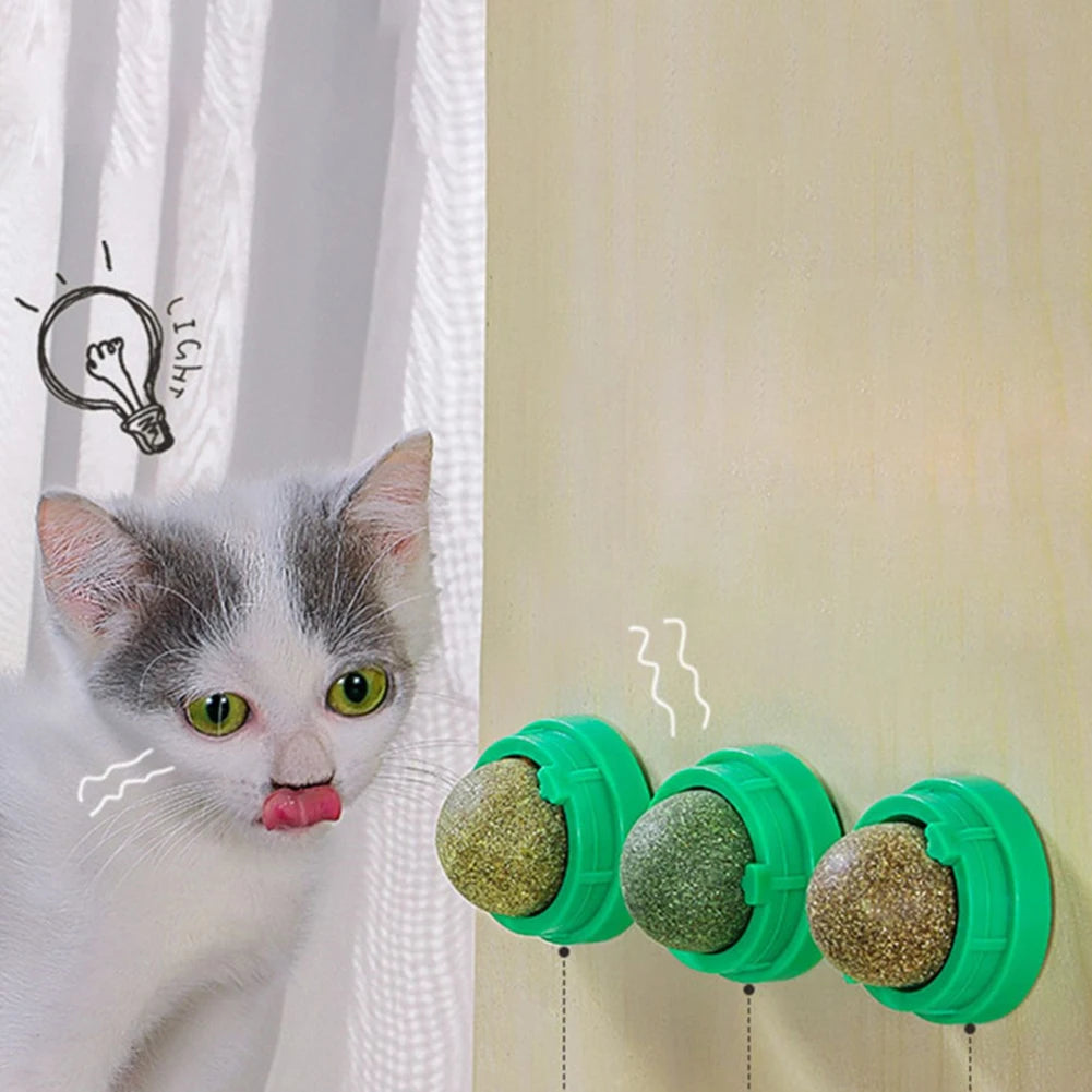 3Pcs Cats Wall Catnip Ball Self-Adhensive Kitten Lickable Ball Healthy Kitten Chew Toys Teeth Cleaning Catmint Toy Pet Supplies Zpaxo