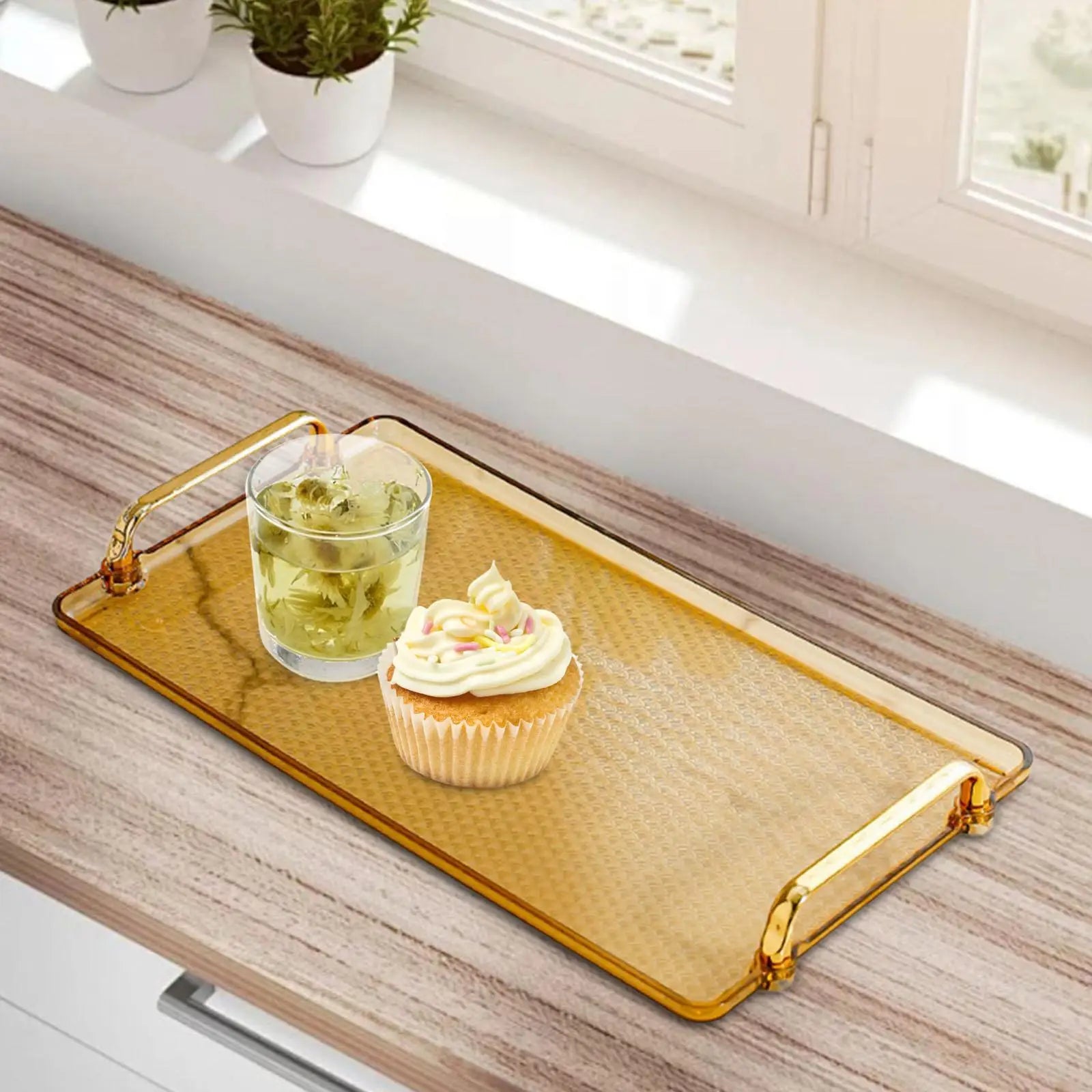 Rectangular Serving Tray with Handles – Vanity & Kitchen Platter Serving Tray Zpaxo amber large