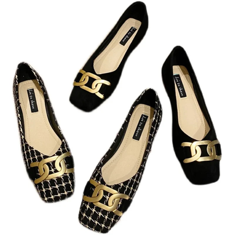 Flat Shoes Women's Square Toe New Spring Summer Fashion Shallow Metal Buckle Plaid Suede Ladies Shoes Women Plus Size 44 45 46 Zpaxo