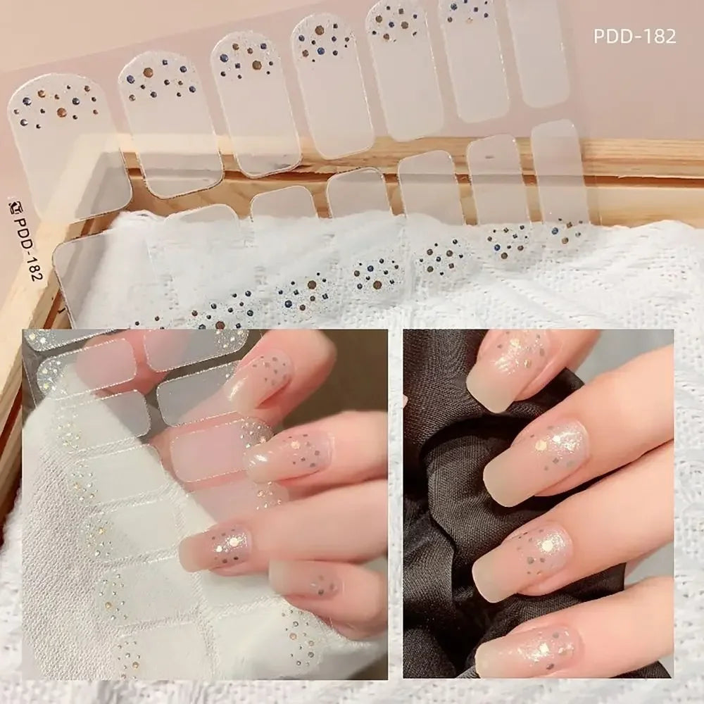14Strips Gel Nail Stickers Full Cover Floristic Art Semi Cured Polish