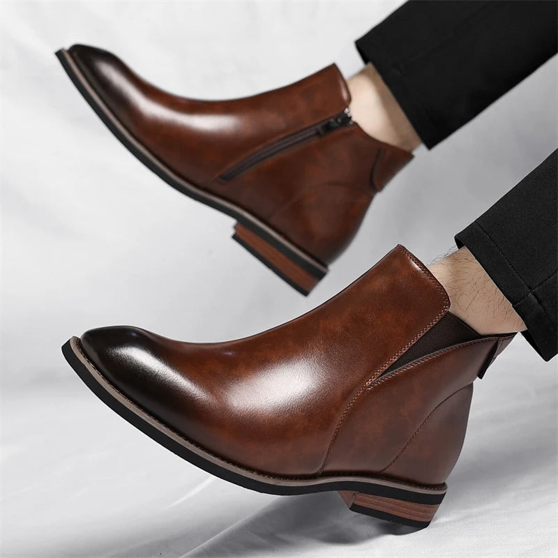 Mens Brown Gradient Leather Chelsea Ankle Boots Side Zipper Elastic Zpaxo