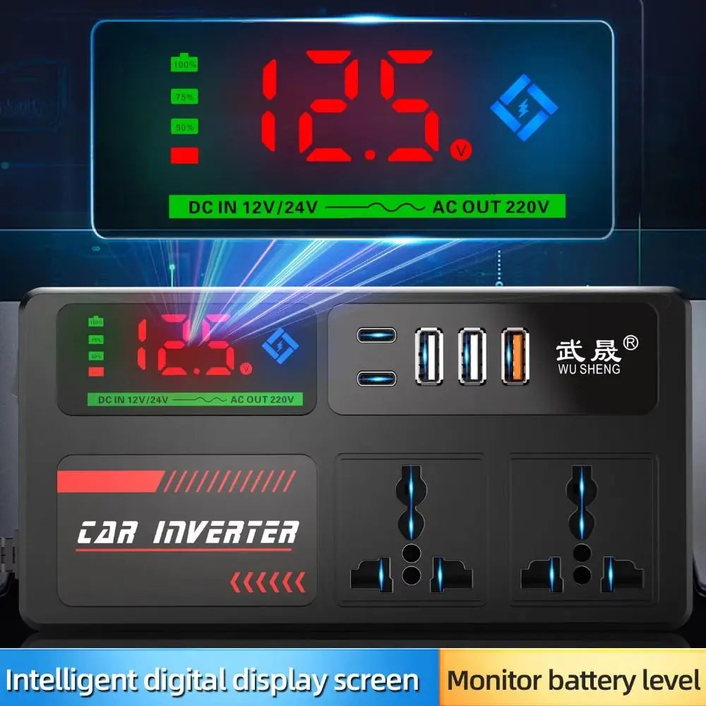 DC 12V/24V to AC 220V Car Inverter Power Adapter Digital Display Double Type-c Car Converter QC3.0 3 USB Ports Car Power Adapter Zpaxo