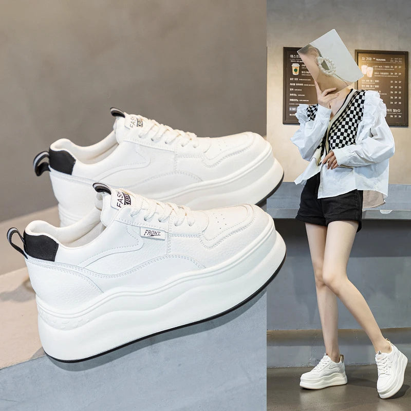 Womens White Leather Platform Sneakers Hidden Heel Lift Casual Low Zpaxo