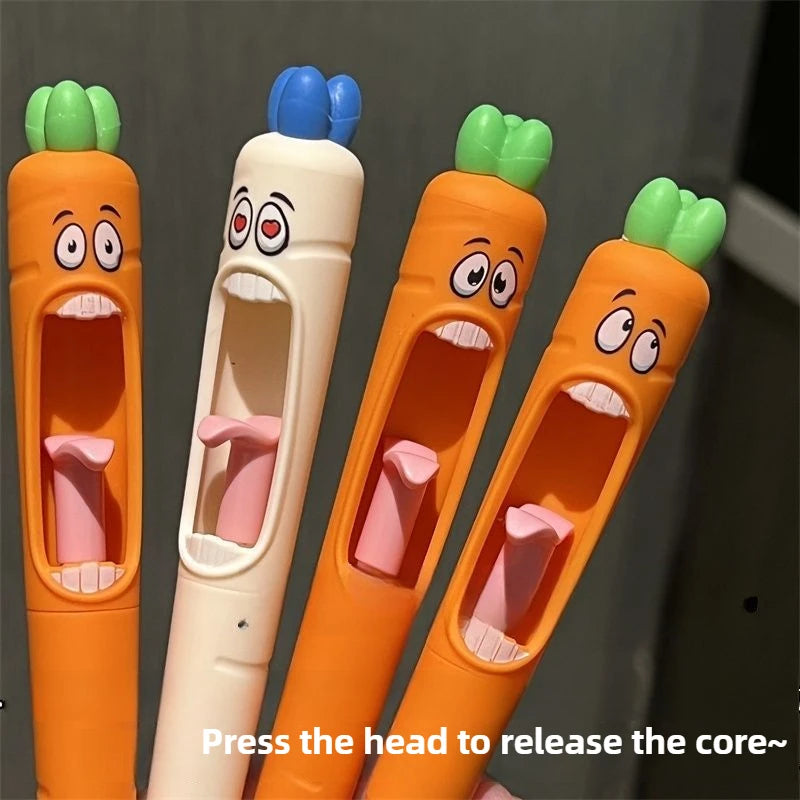 4pcs Cute Cartoon Kawaii Pens Carrot Shaped Gel Pen Design Retractable Tongue Refill Black Ink Pen Office School Stationery Gift Zpaxo