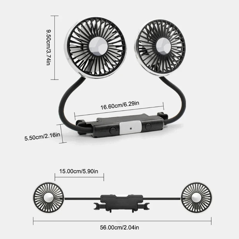 Car Fan Cooling Dual Head Type-c Usb 3 Speeds Adjustable Auto Cooler