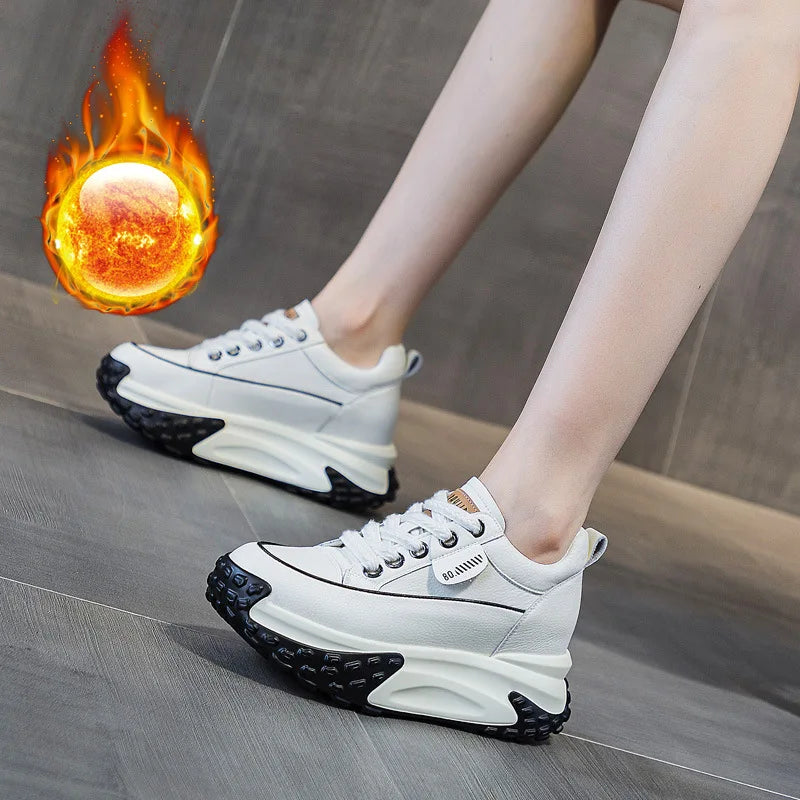 White Leather Platform Wedge Sneakers Women Black Rubber Sole Lace Up Zpaxo