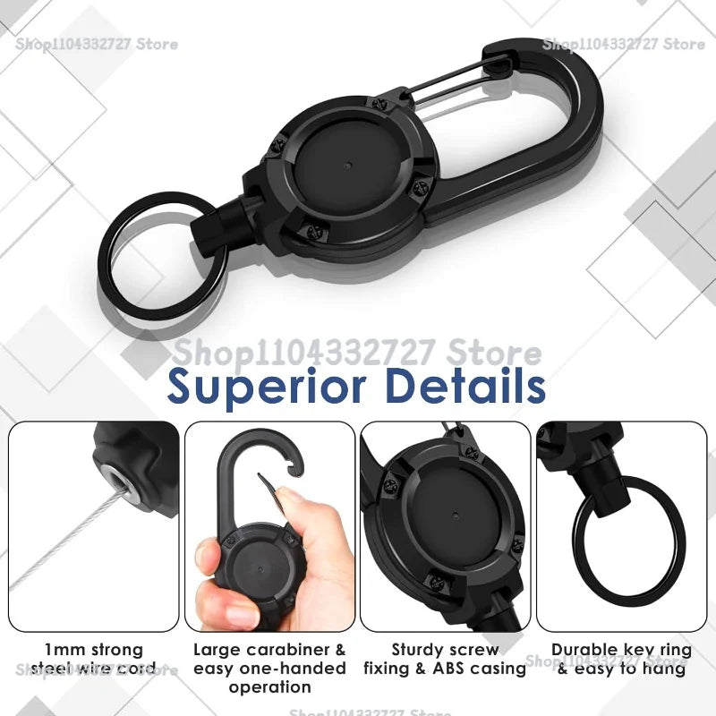 Retractable Heavy Duty Pull Reel Carabiner Key Chains Strong Steel Wire Rope Buckle Spring Key Ring Outdoor Sporty Keychain Tool Zpaxo