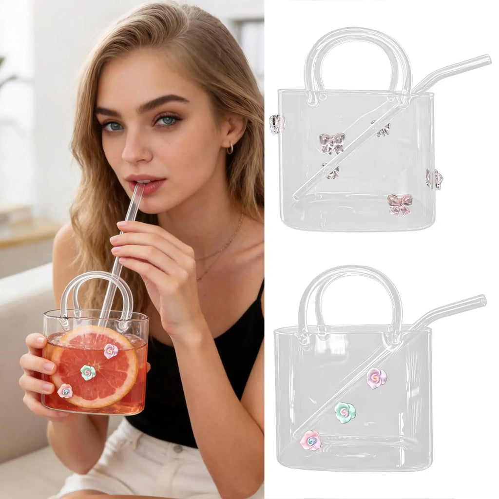 Glass Purse Drinks Wide Rim Clear Drinking Mug Straw Flower Vase