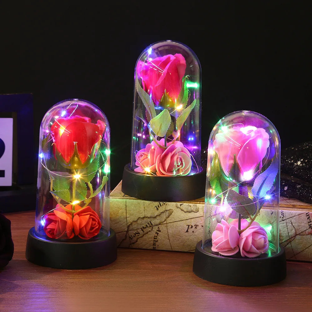 LED Rose Bouquet in Dome – Everlasting Artificial Flower Gift