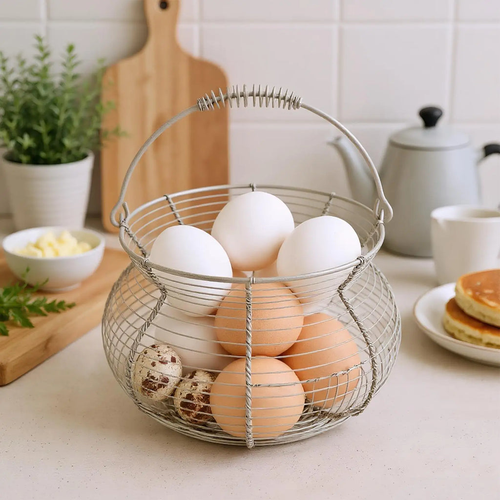 Small Egg Basket Vintage Woven Storage Stand Handle Counter Holder
