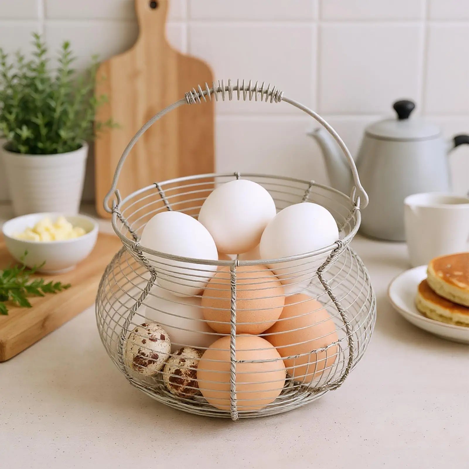 Small Egg Basket Vintage Woven Storage Stand Handle Counter Holder