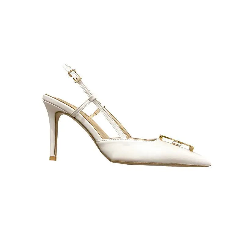 Sandals Women's Shoes Summer New Popular Metal Button Baotou Fashion Thin Heel Pointed Back Strap Single Shoes Sandales Zpaxo