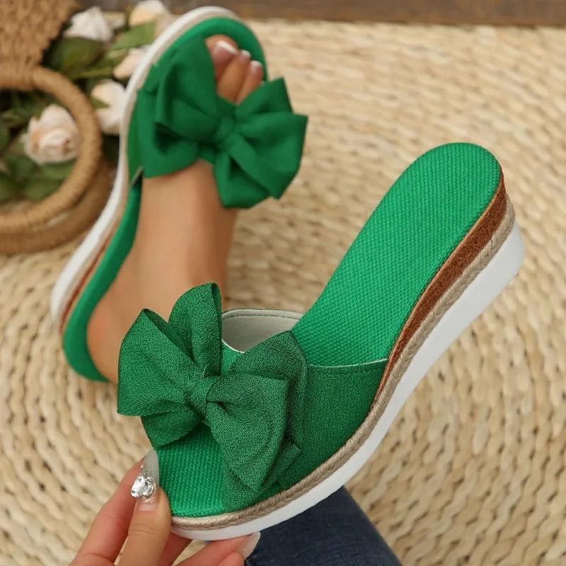 Women's Fish Mouth Open Toe Vintage Bow Embellishment Wedge Heel Zpaxo green 43