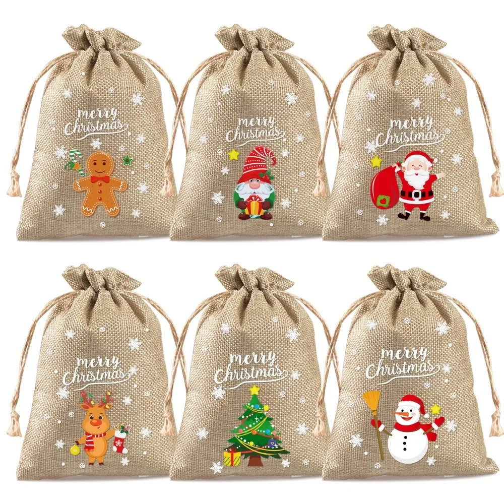 6PCS Christmas Linen Drawstring Bags Candy Biscuits Pouchs Burlap Bracelet Jewelry Storage Bags Xmas Kids Gift Packaging Bags yu Zpaxo