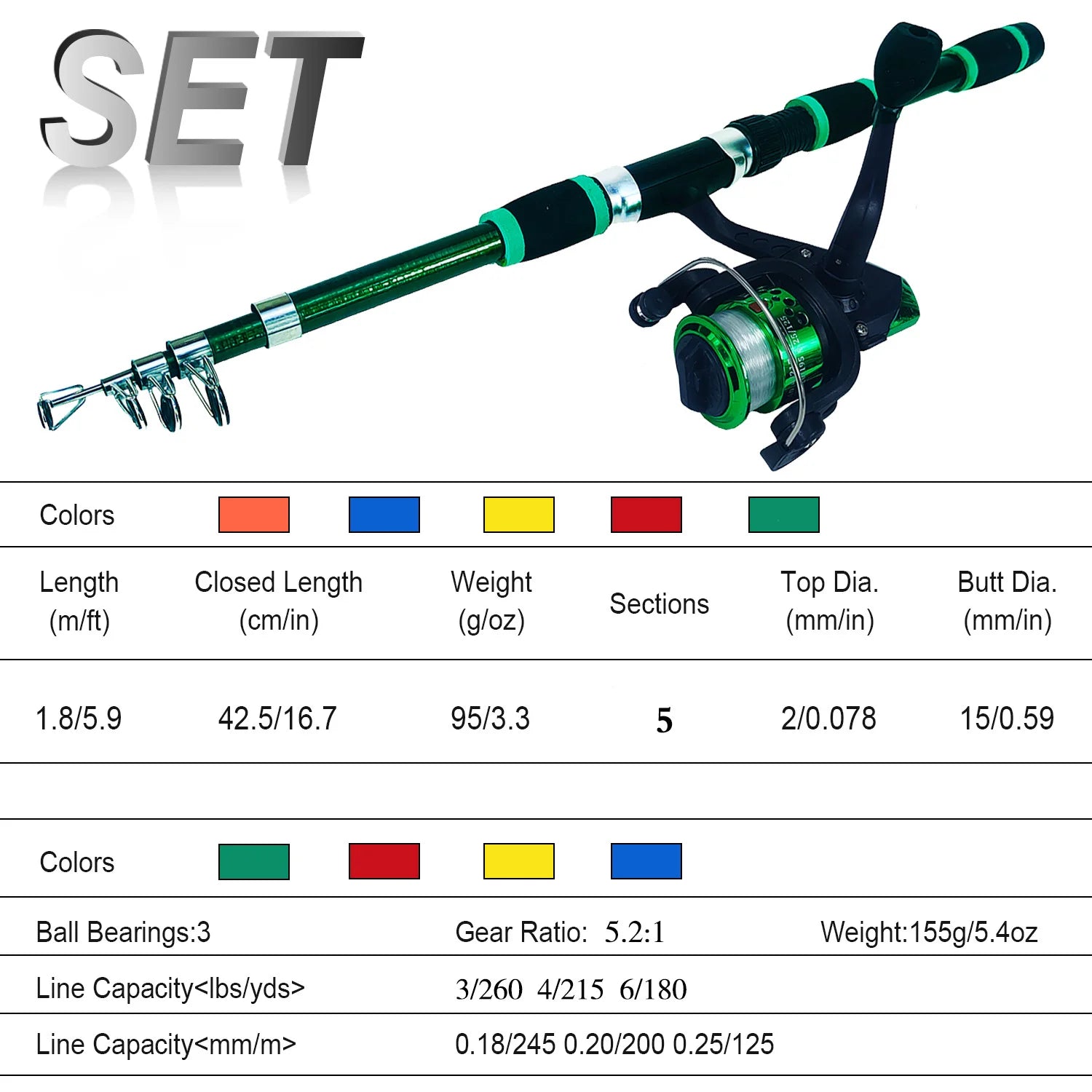Kids 1.8m Telescopic Carbon Fishing Rod & Reel Combo Set