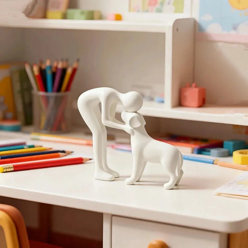 Abstract Art Sculpture Figurine Black Dog Owner Statue Interactive