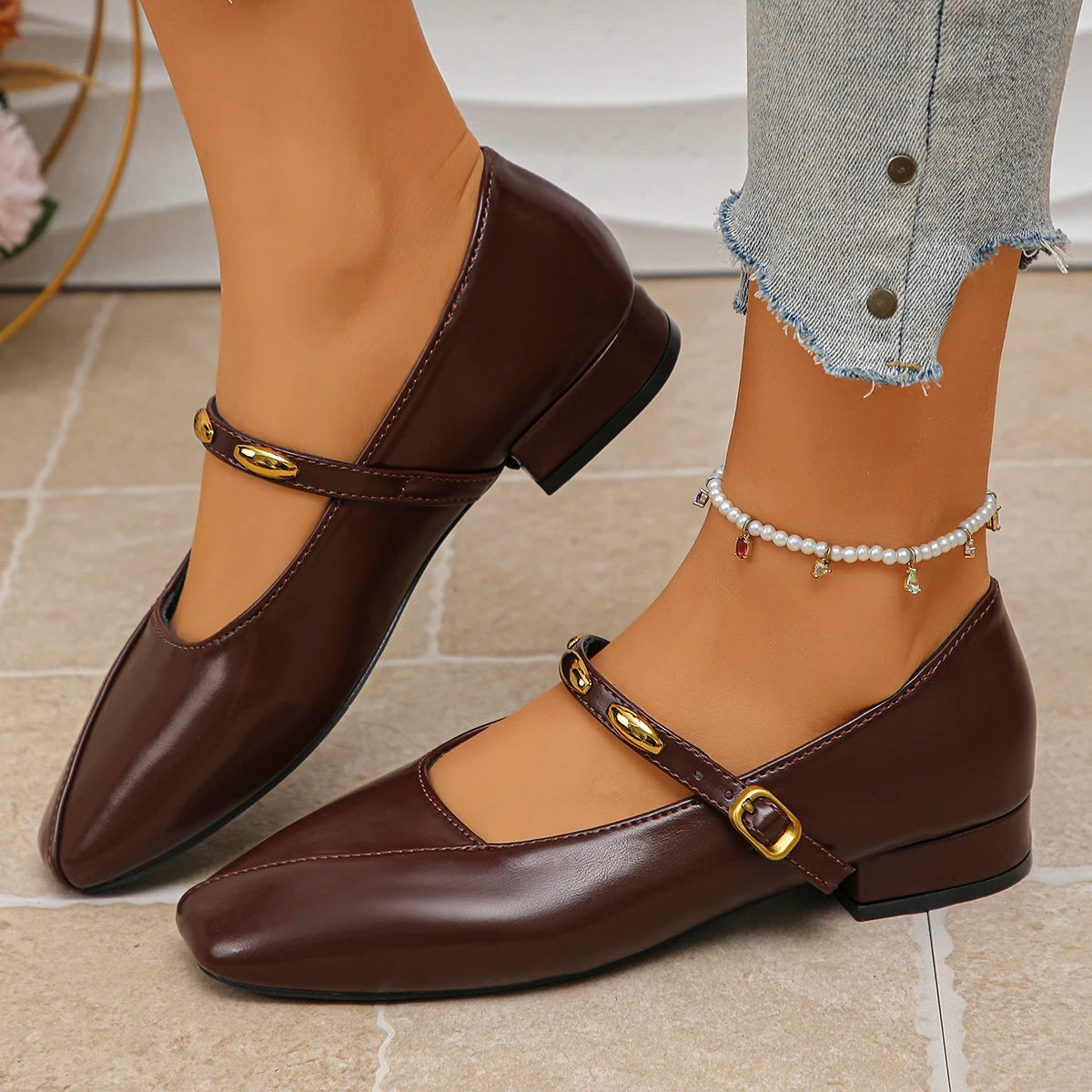 Women Flats 2025 Mary Jane Shoes for Women Fashion Medium Heeled Women Single Shoes Comfortable Ballet Loafers Zapatos De Mujer Zpaxo Brown 42