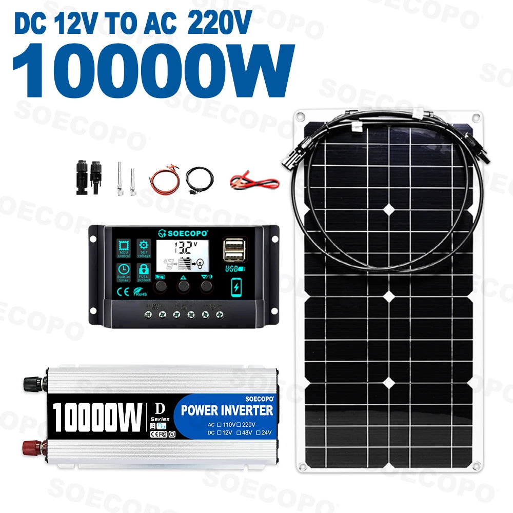 Plug&Play Complete Off-Grid 10000W Solar Kit Flexible Panel 1100W Inverter 100A Controller Accessories Included for RV/Home Zpaxo 220V Solar Kit