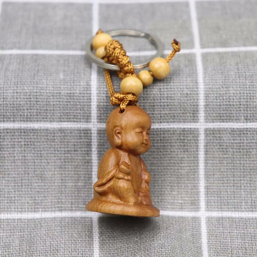 for Safely Wealth Lifelike Bag Pendant Monk Wood Carving Craft Buddha Buddhism Key Ring Keyfob Keychain Car Accessories Zpaxo
