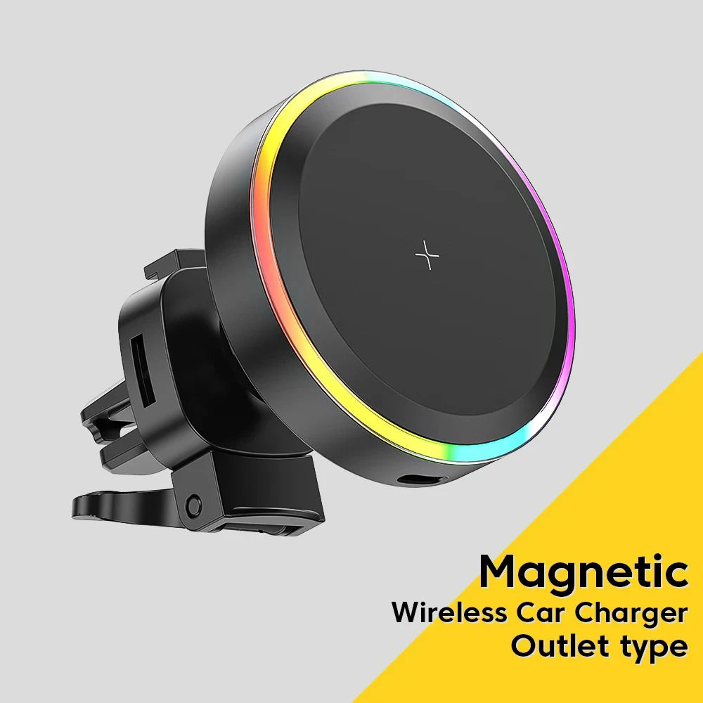 15W Fast Charging Magnetic Wireless Car Charger RGB LED Atmosphere Light Universal Air Vent Car Navigation Phone Holder Zpaxo Outlet type