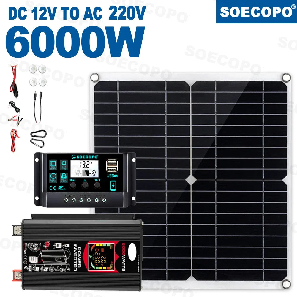 SOECOPO 6000W Solar System DC12V to AC110V 220V 100A MPPT Controller 300W Panel Inverter for Home RV Camping Power Backup CE FCC Zpaxo Solar kit 220V