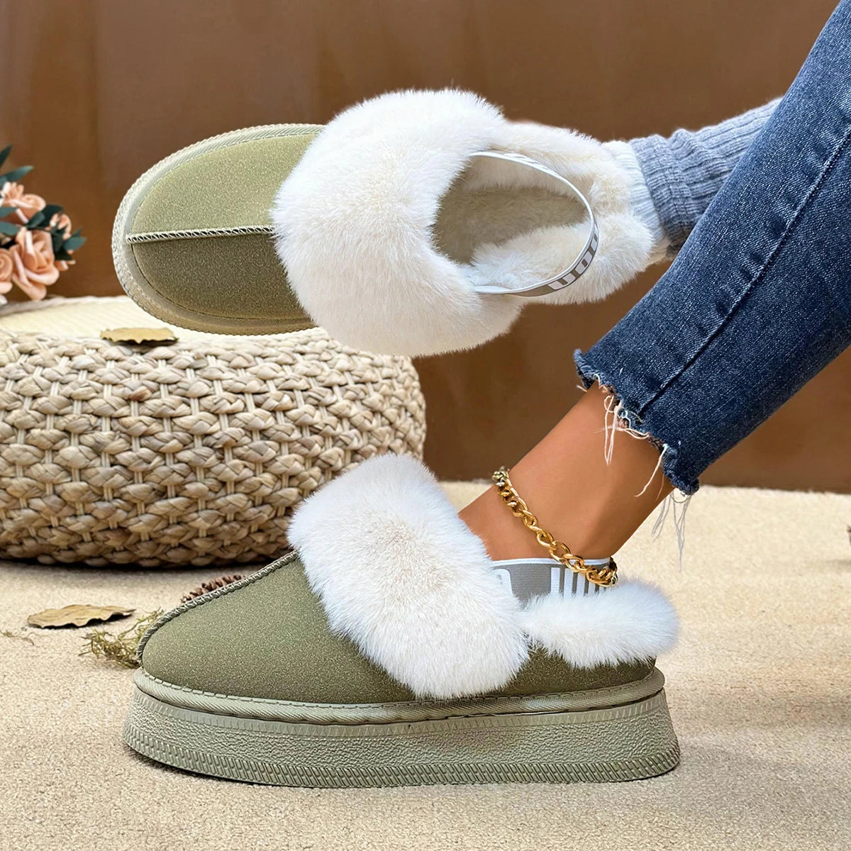 Women Cotton Slippers 2025 New Platform Slides Women Thickened Fluff Lined Flat Shoes Women Winter Thick Bottom Half Slippers Zpaxo Khaki 41