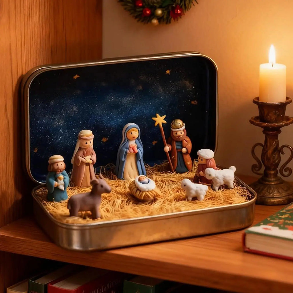 Tin Box Nativity Portable Mini 3D Holy Figurines Religious Ornament