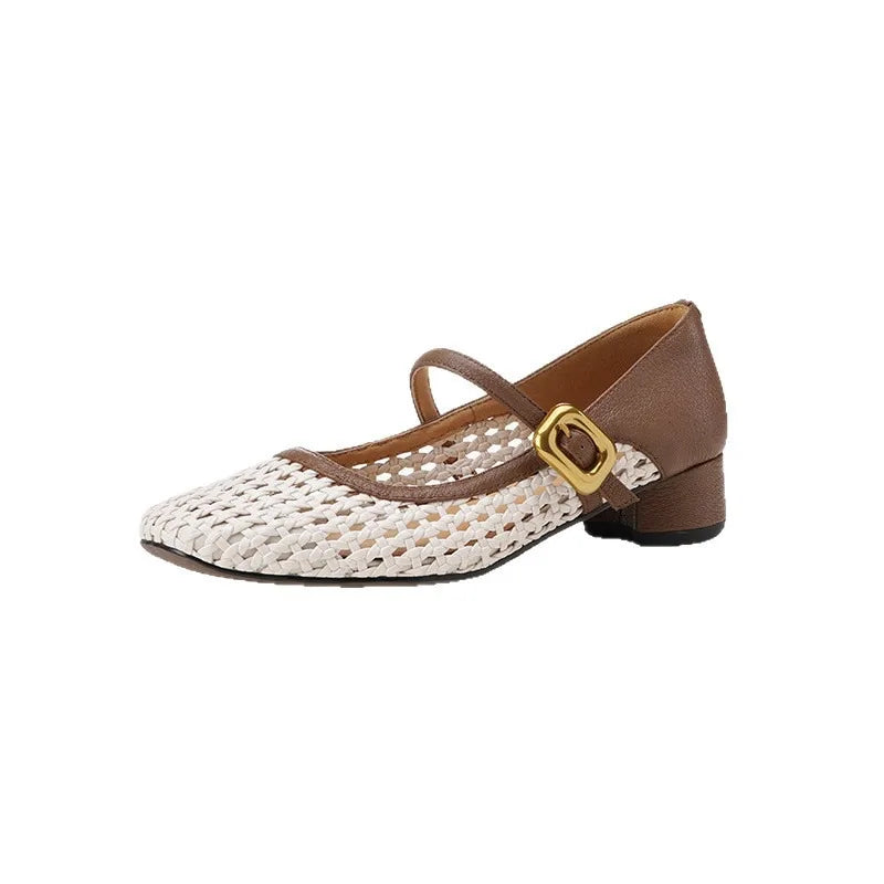 Vintage Leather Square Toe Woven Hollow-out Mary Jane Shoes Women's Shallow-cut Square Toe Thick Heeled Sandals Zpaxo