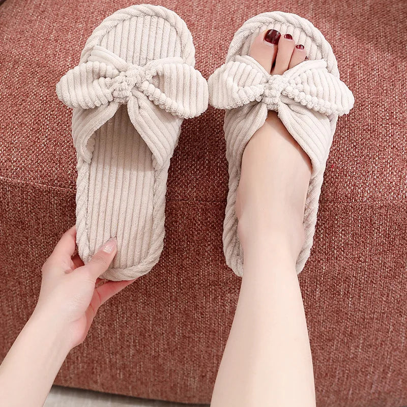 Women's Bow Flat Heel Slippers Home Non-slip Open-toe Breathable All Zpaxo beige 42-43