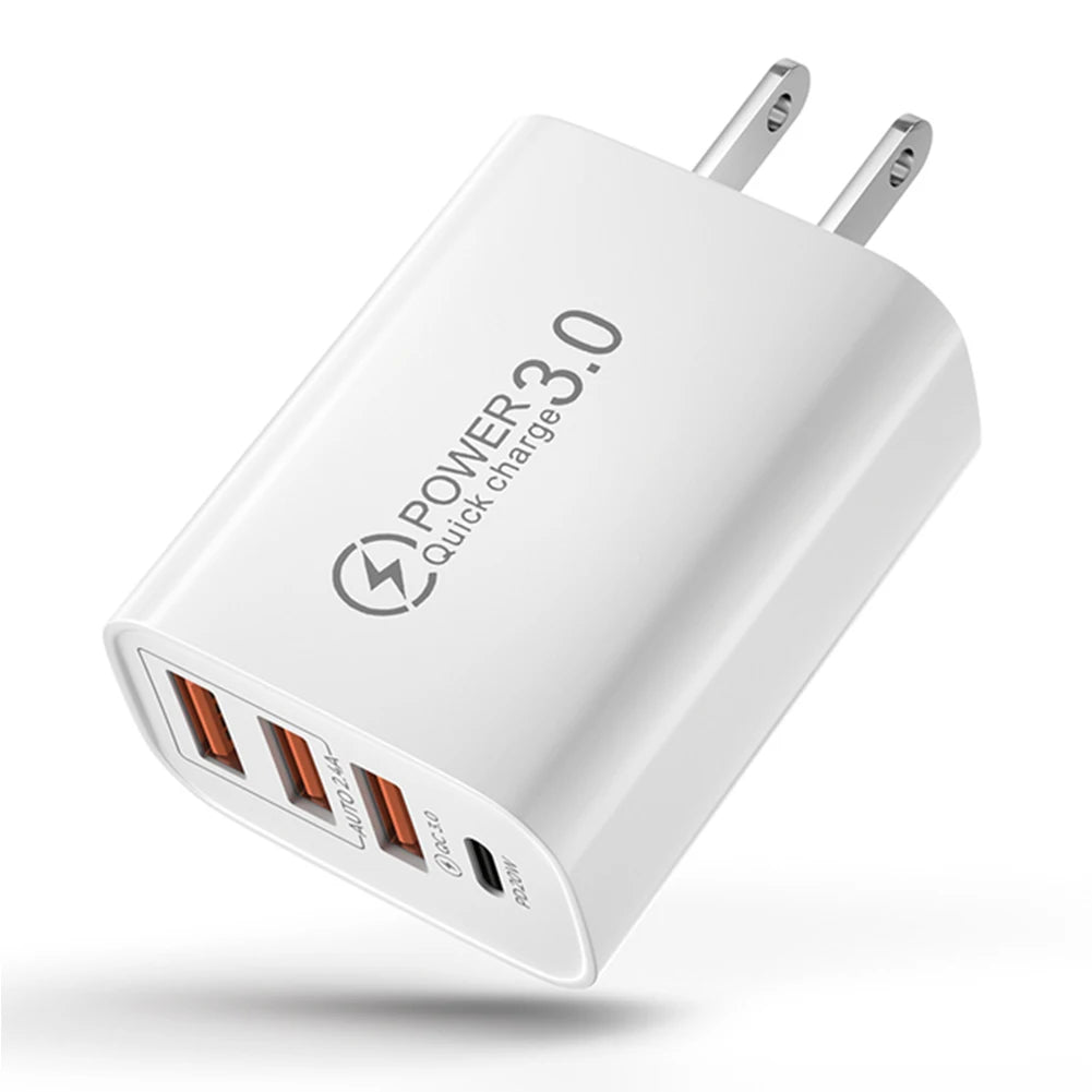 60W 4-Port USB Wall Charger – PD USB-C & Quick Charge 3.0 USB Wall Charger Zpaxo US White