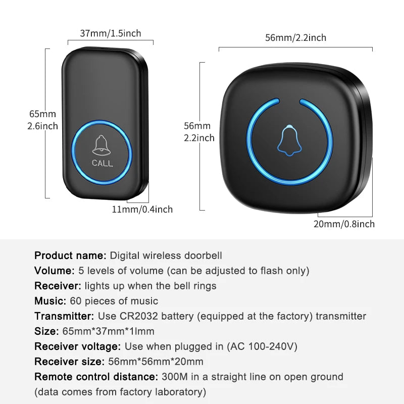 Wireless Doorbell Intelligent Welcome Door Bell 300M/984 FT Remote 60 Songs Melodies Home Smart Doorbell Zpaxo