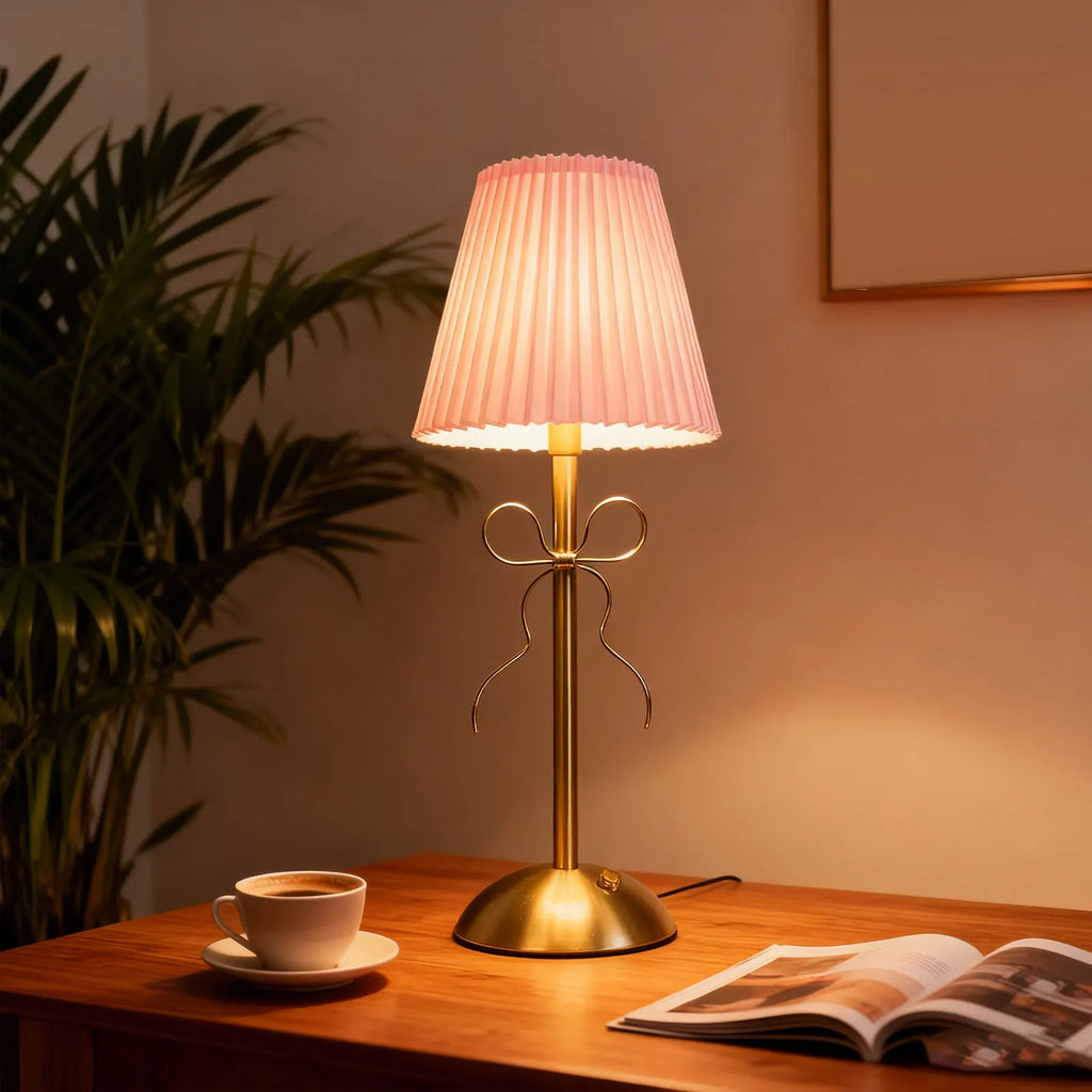 Bow Table Lamp Cute Decorative Rechargeable LED Fabric Shade Desk