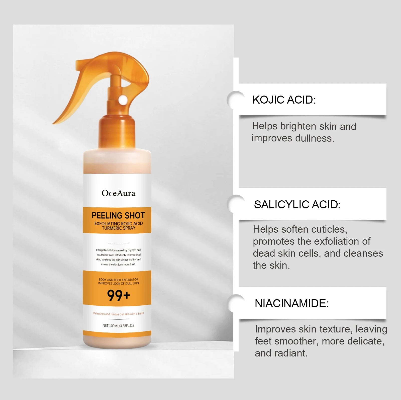OceAura Kojic Acid Turmeric Exfoliating Spray | Body Peel 100ml Exfoliating Body Spray Zpaxo