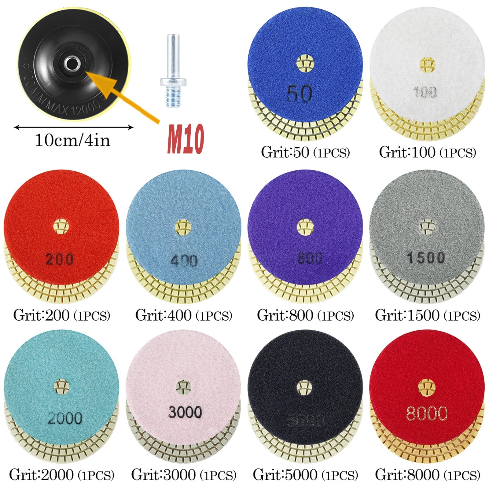 10-16pcs 4 inch Diamond Polishing Pads Kit Wet/Dry Buff Disc Abrasive Grinding Discs Set for Granite Concrete Glass Polishing Zpaxo 11PCS 50-8000 4 inches multi-tool