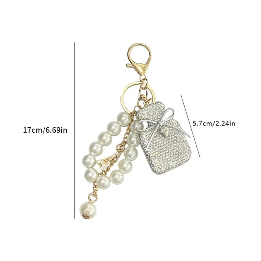 Charming Gift Bow Knot Shape Keychain Pearls Tassel Rhinestone Keyring Rhinestone Inlaid Cute Shape Shape Keyring Decor Zpaxo