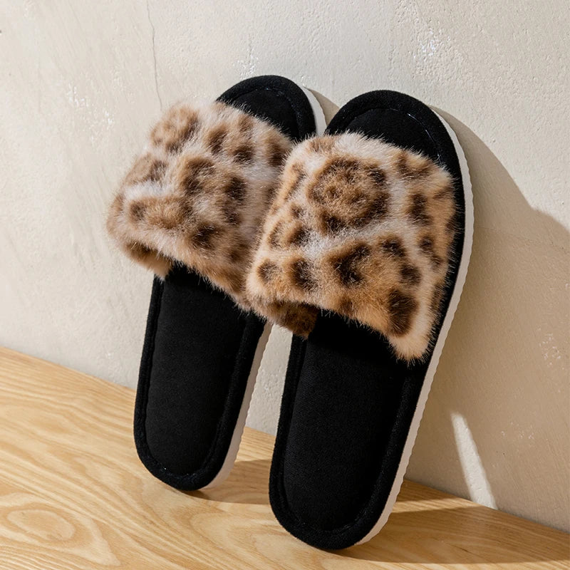 Women's Leopard Print Plush Slippers Home Non-slip Sole Soft Zpaxo Khaki 38-39