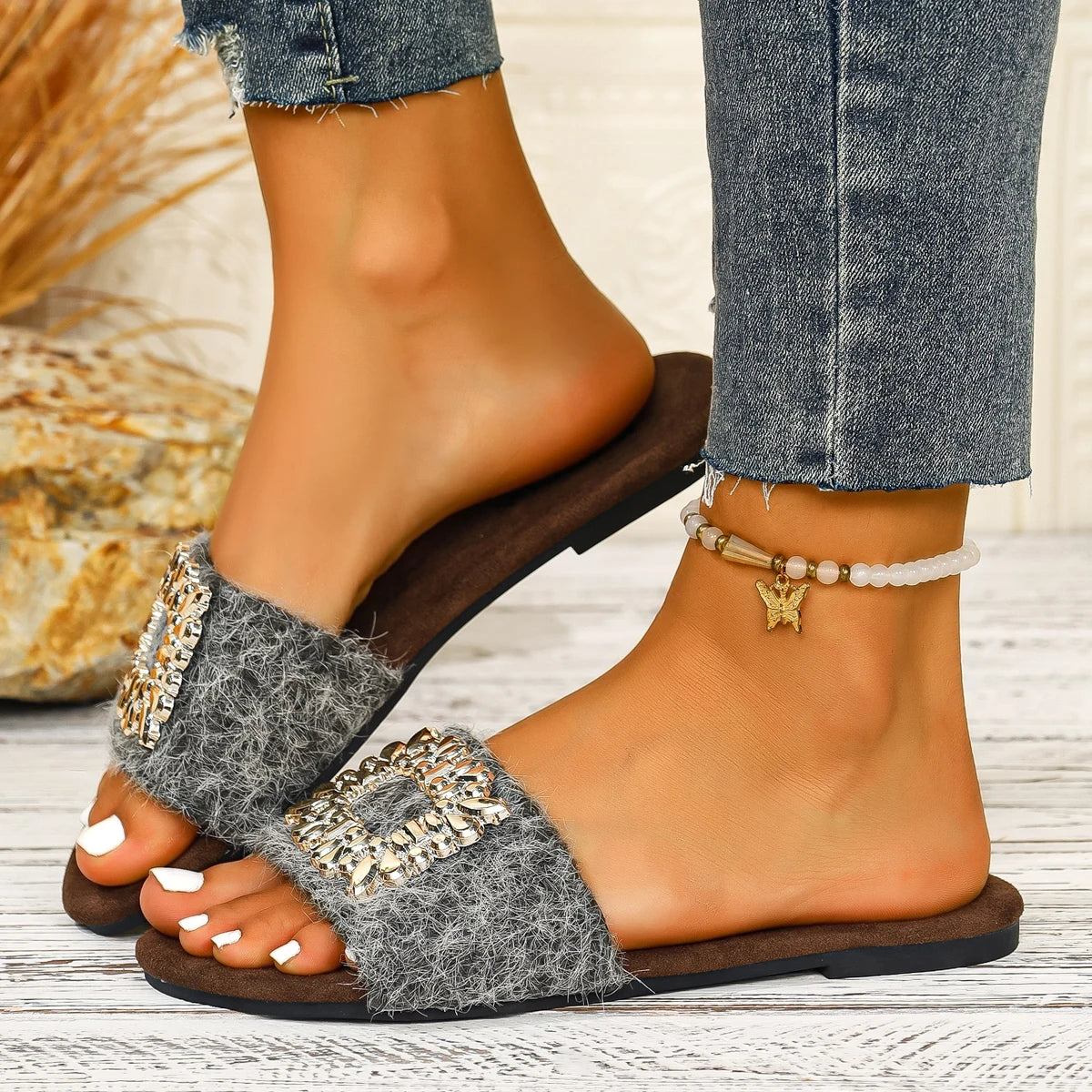 Women Slippers Summer Outdoor Flat Sandals Comfortable Diamond Zpaxo GRAY 43