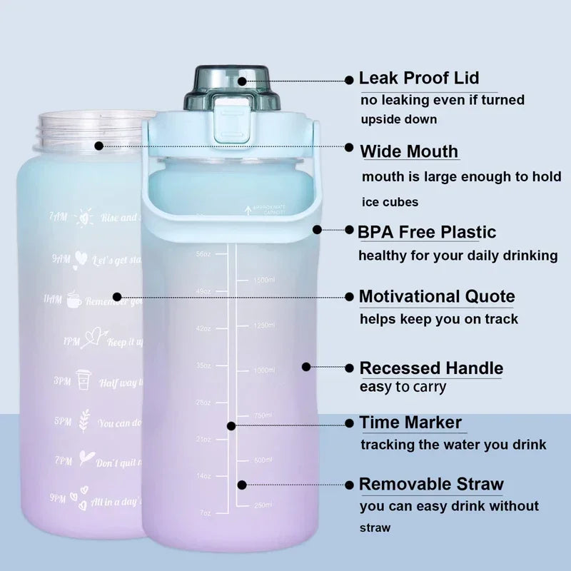 2 Liter Large Capacity Sports Water Bottle Leak Proof Colorful Plastic Cup Drinking Outdoor Travel Portable Gym Fitness Jugs Zpaxo
