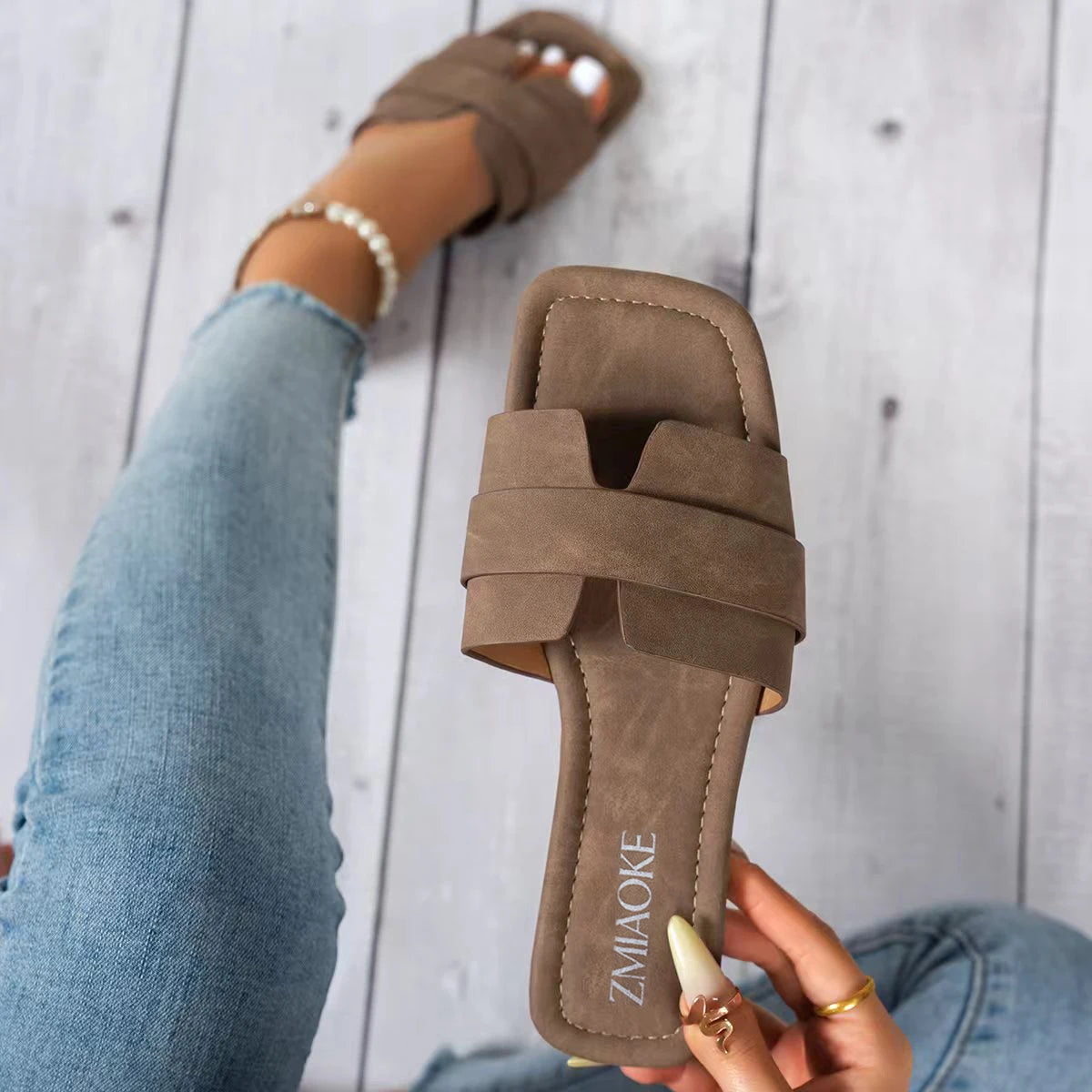 Women Slippers Summer 2026 Flat Ladies Sandals Cross Big Slip-on Zpaxo brown 36