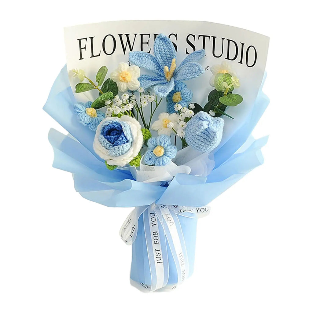 Crochet Flower Bouquet Table Centerpiece Handmade Woven Bouquet for Graduation Gift Living Room Birthday Apartment Hotel Zpaxo blue rose flower