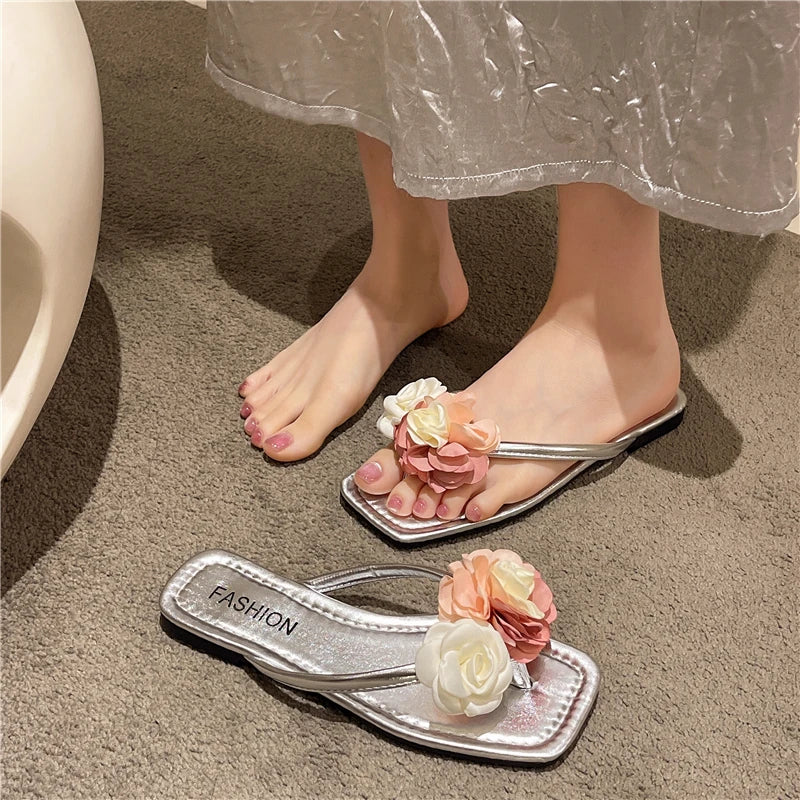 Women Flower Flat Slippers Outdoor Sandals New Summer Beach Shoes Female Fashion Open Toe Casual Slides Women Shoes for Women Zpaxo Silver 37