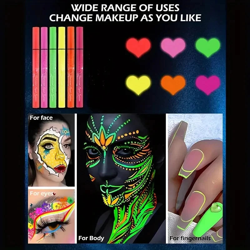 6pcs Glow UV Reactive Glow in the Dark Face and Body Paint Set, Neon Liquid Eyeliner, Mixing Color for Masquerade,Music Festival Zpaxo
